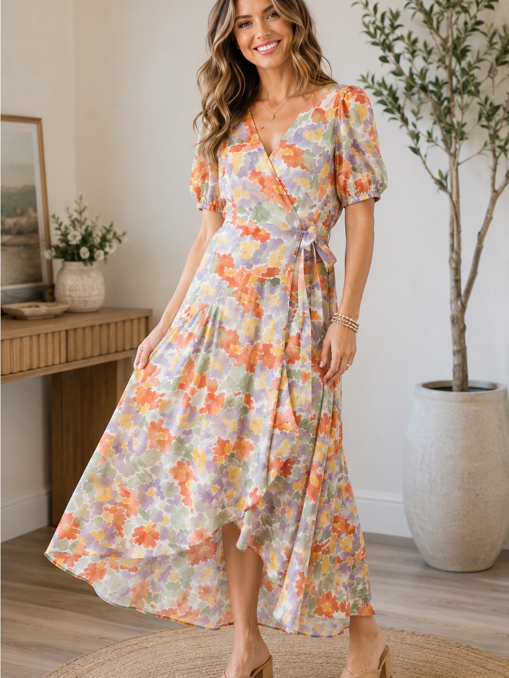 entro Pastel Floral High-Low Wrap Dress in Orange, Lavender, Green, Cream